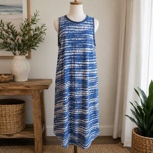 NZT Nic+Zoe Tank Dress Womens Medium Blue Boho Dot Whipstitch Cotton Midi Shift